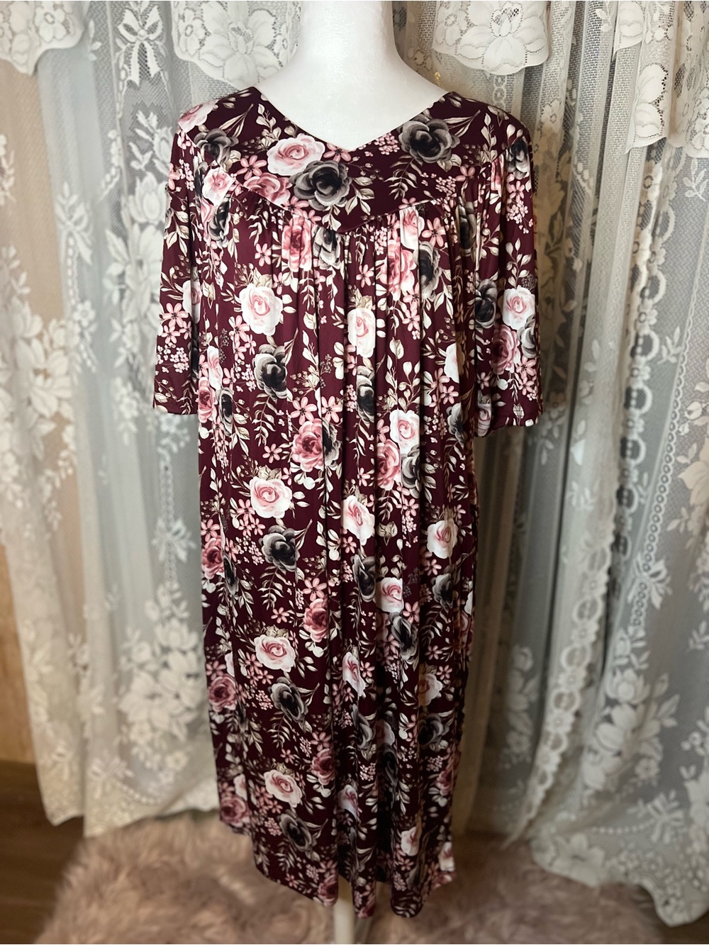 Women’s Floral Nightgown in Burgundy with Pink Rose Print XL